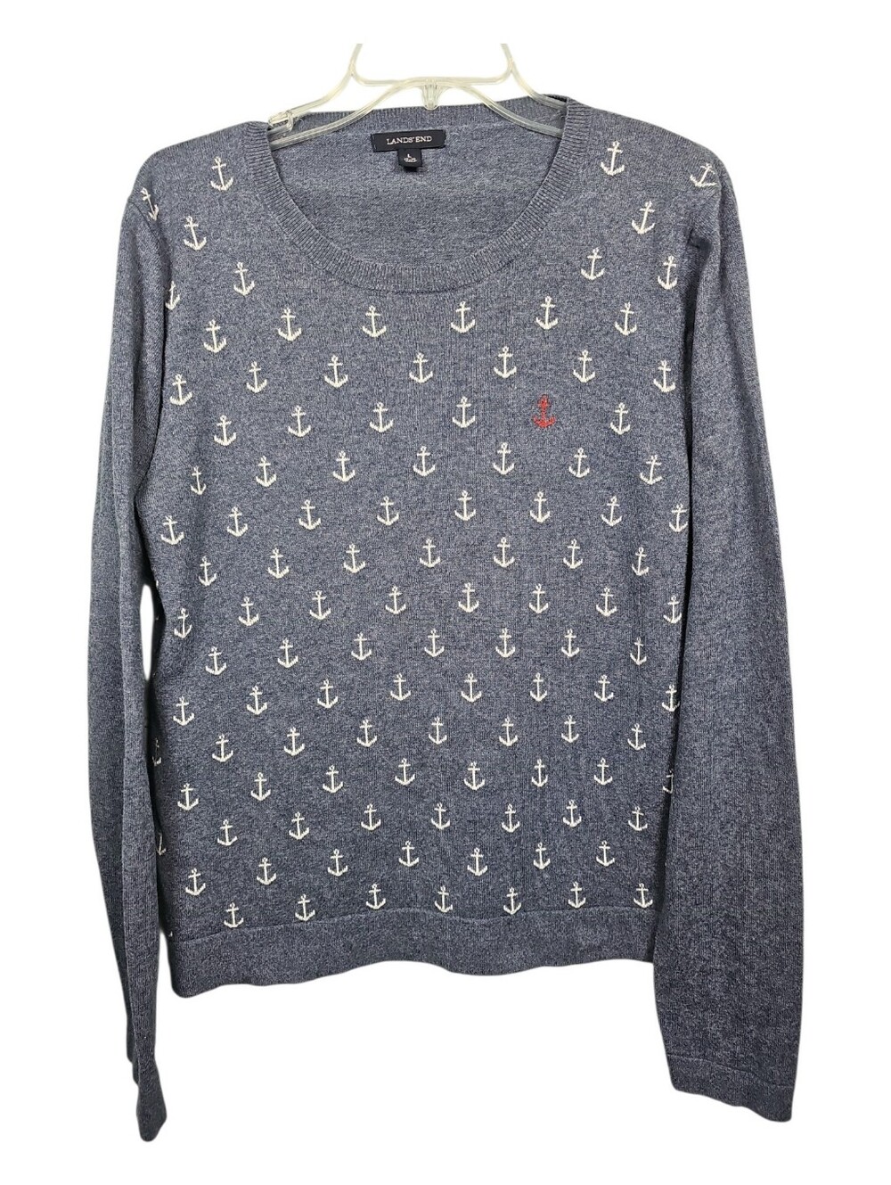 Lands' End Anchor Crewneck Sweater Blue Gray Cotton Cashmere Boys 14-16 Wm S